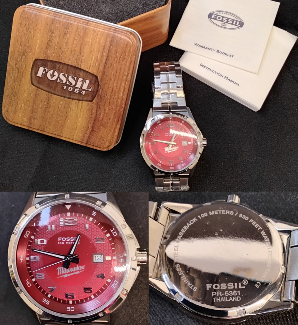Fossil PR-5361 Milwaukee Men's Wrist Watch Red Dial Silver Band NIB #Z5868